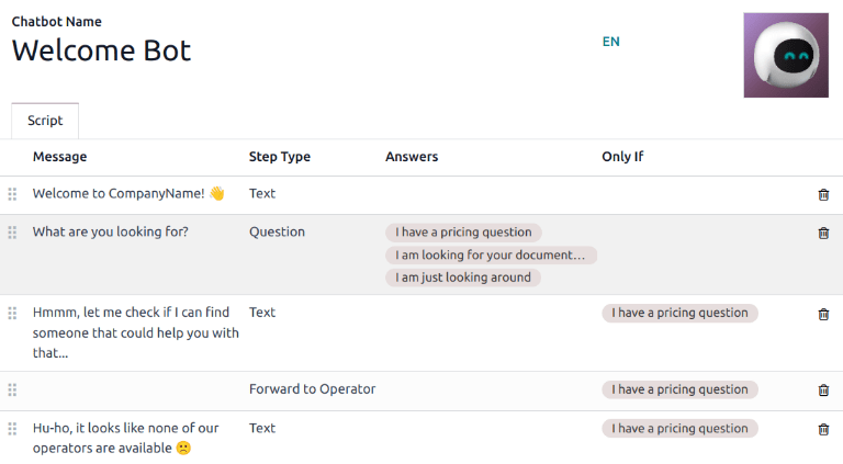 View of the Welcome Bot script in NightPOS Live Chat.