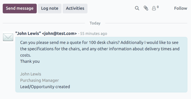 เธรดช่องแชทของลูกค้าเป้าหมายที่เพิ่งสร้างใหม่ในแอป CRM