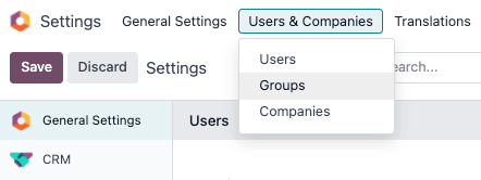 Groups menu in the Users & Companies section of the Settings app of NightPOS.
