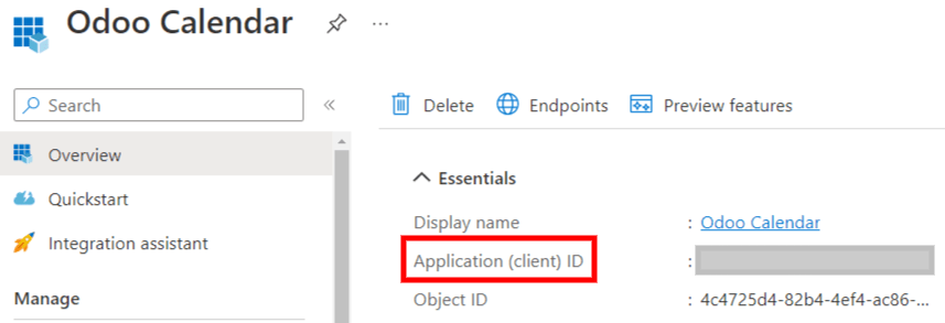 "Client ID" ในพอร์ทัล Microsoft Azure