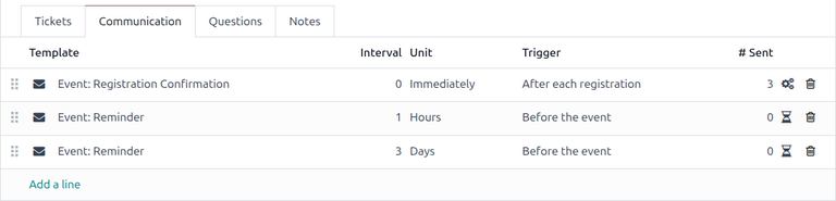 Typical communication tab on an event form in the NightPOS Events application.