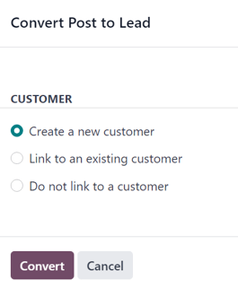The convert post to lead pop-up window that appears in NightPOS Social Marketing.