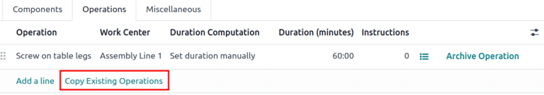 แสดงแท็บ Operation โดยเน้นฟิลด์ "Copy Existing Operations"