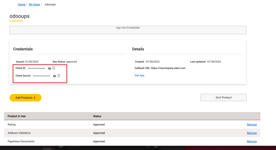 แสดงคีย์ "Client ID" และ "Client Secret"