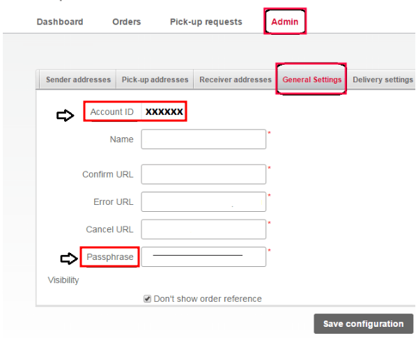 ในแท็บ *Admin* แสดง Account ID และ Passphrase