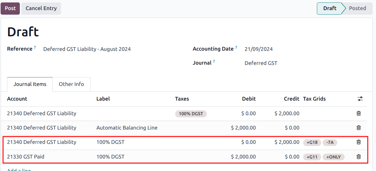 The journal entry with the auto-balancing line and BAS tax grids.