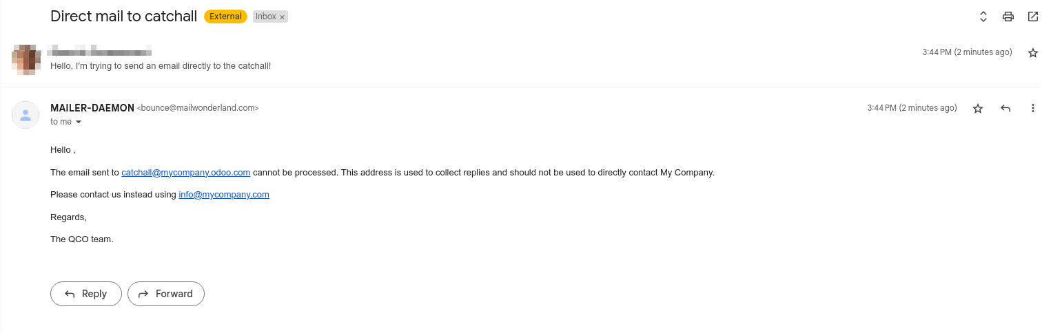 อีเมลตีกลับจาก "MAILER-DAEMON" ซึ่งอธิบายวิธีการติดต่อฐานข้อมูล