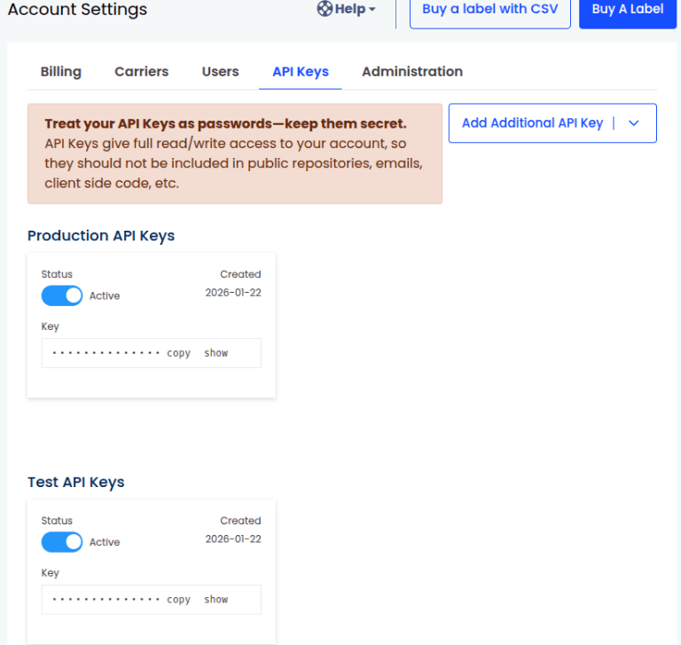 สร้างคีย์ API บนหน้า EasyPost API Keys