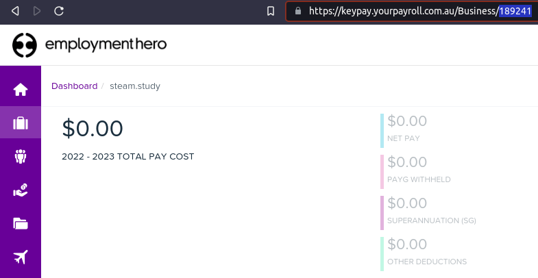 หมายเลข Employment Hero Business ID อยู่ใน URL