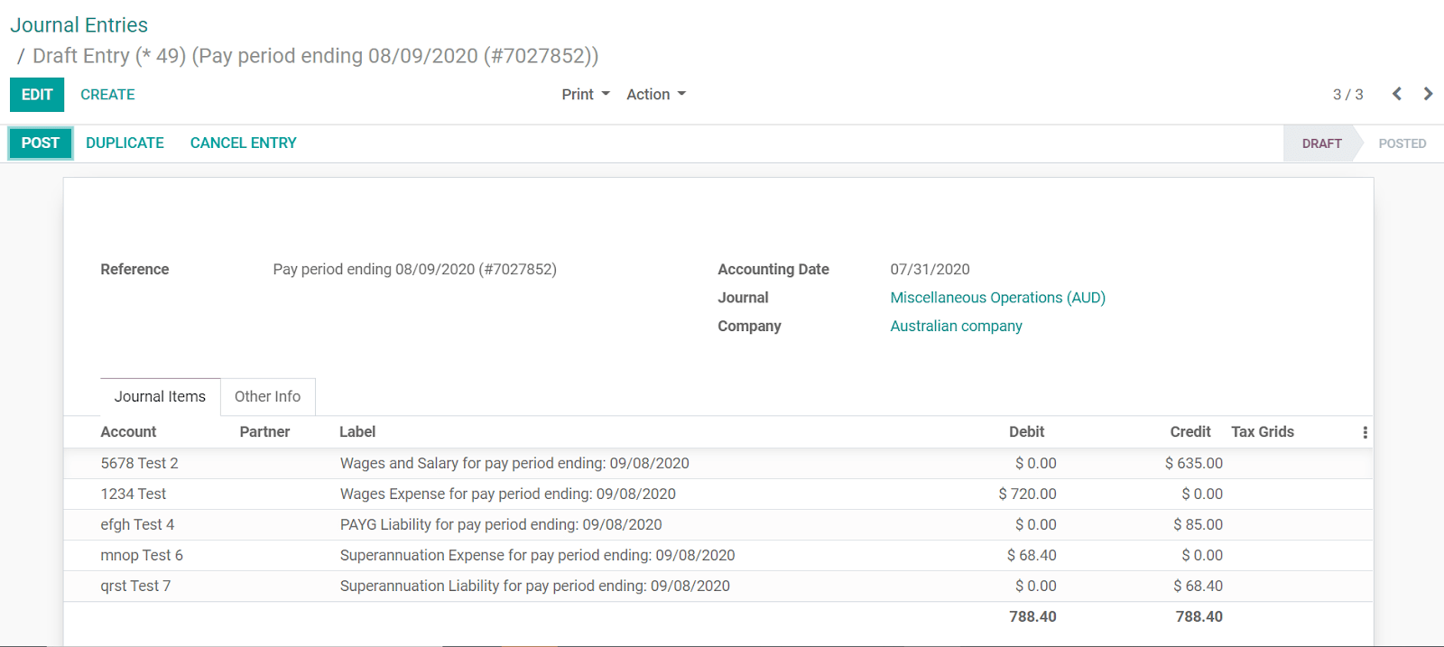 Example of a Employment Hero Journal Entry in NightPOS Accounting (Australia)