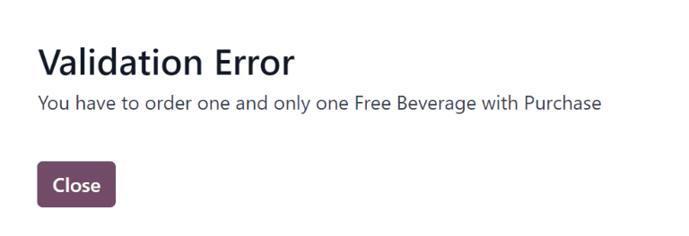 หน้าต่างป๊อปอัป :guilabel:`Validation Error` พร้อมข้อผิดพลาดเฉพาะสำหรับเครื่องดื่มฟรีที่แสดง