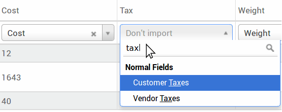 Drop-down menu expanded in the initial import screen on NightPOS.