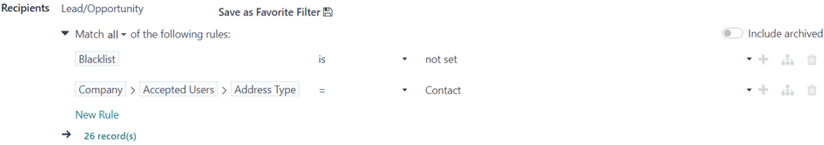 View of how recipient filters can be customized in NightPOS Email Marketing.