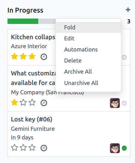 มุมมอง Kanban ของขั้นตอน Helpdesk โดยเน้นตัวเลือกการพับชั่วคราว
