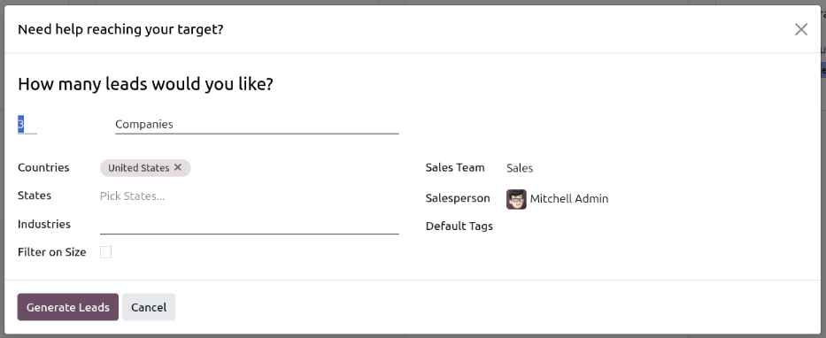 The pop-up window with the selection criteria in order to generate leads in NightPOS.