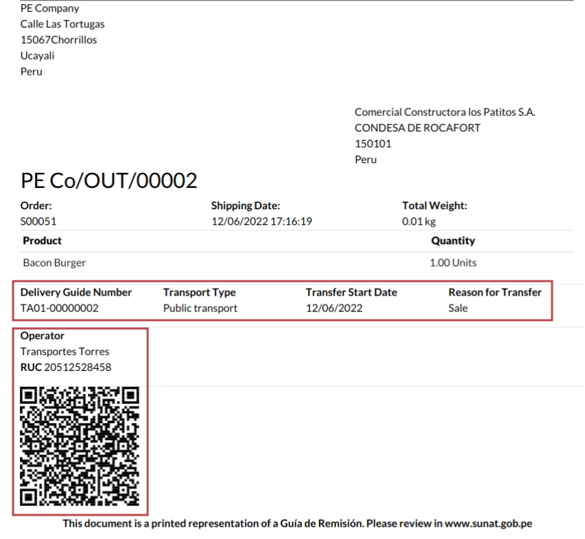 รายละเอียดการโอนเงินและรหัส QR โค้ดบนใบส่งสินค้าที่สร้างขึ้น