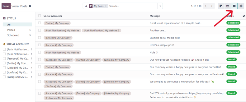 View of the list option on the posts page in NightPOS Social Marketing.