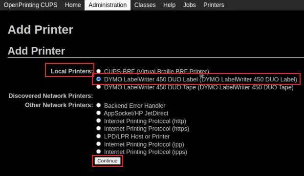 หน้าจอเพิ่มเครื่องพิมพ์บน OpenPrinting CUPS โดยไฮไลต์ DYMO LabelWriter 450 DUO Label