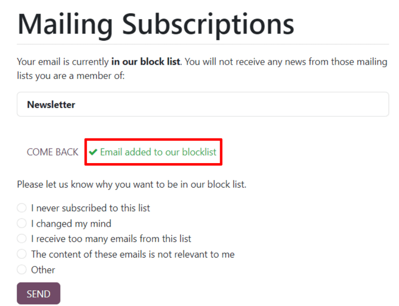 คำถามเกี่ยวกับบัญชีดำบนหน้า Mailing Subscriptions ที่ผู้รับเห็น