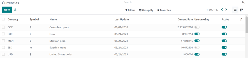 How the main currencies page appears in NightPOS Accounting.