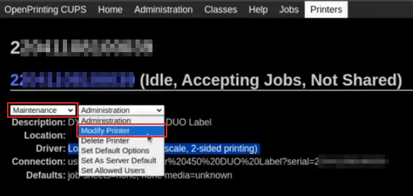 แก้ไข make และ model ของ DYMO LabelWriter เมนูดรอปดาวน์ Maintenance และ Modify ถูกไฮไลต์