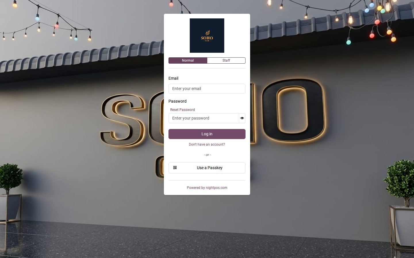 Normal tab — Email / Password login for managers