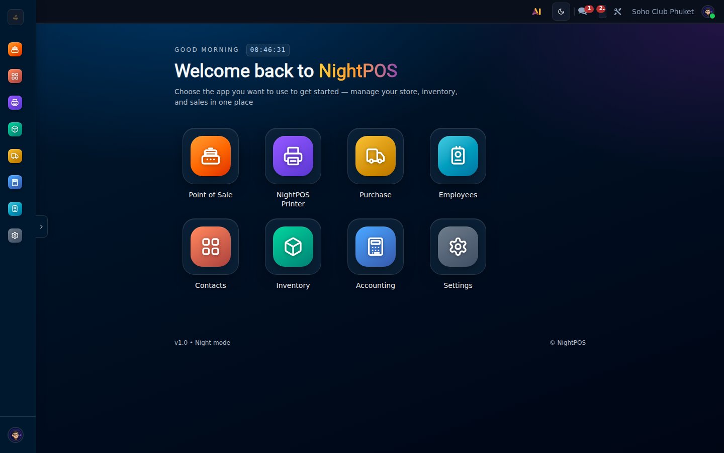 NightPOS home screen — app selector