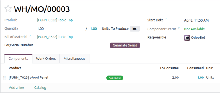 แท็บ Components ของ MO พร้อมปริมาณส่วนประกอบที่ใช้ไป