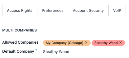 View of a user's form emphasizing the multi companies field in NightPOS.