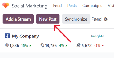 New Post button on the main dashboard of the NightPOS Social Marketing application.