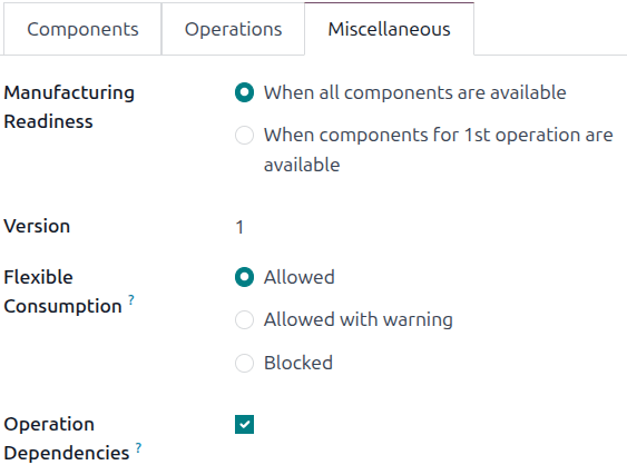 ช่องทำเครื่องหมาย Operation Dependencies บนแท็บเบ็ดเตล็ดของ BoM