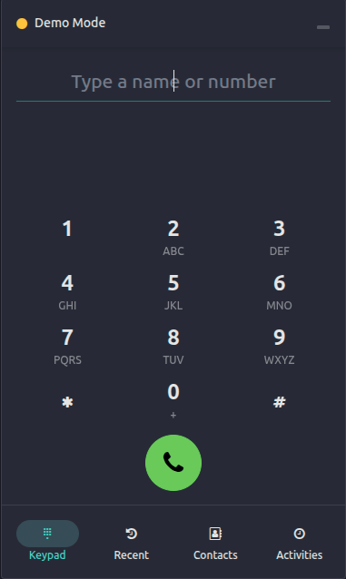 วิดเจ็ต **Phone** มีสี่แท็บ: **แป้นกด**, **ล่าสุด**, **รายชื่อผู้ติดต่อ** และ **กิจกรรม**