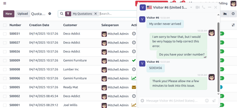 A live chat pop-up window in an NightPOS database.