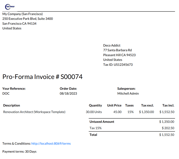 Sample pro-forma invoice PDF from NightPOS Sales.