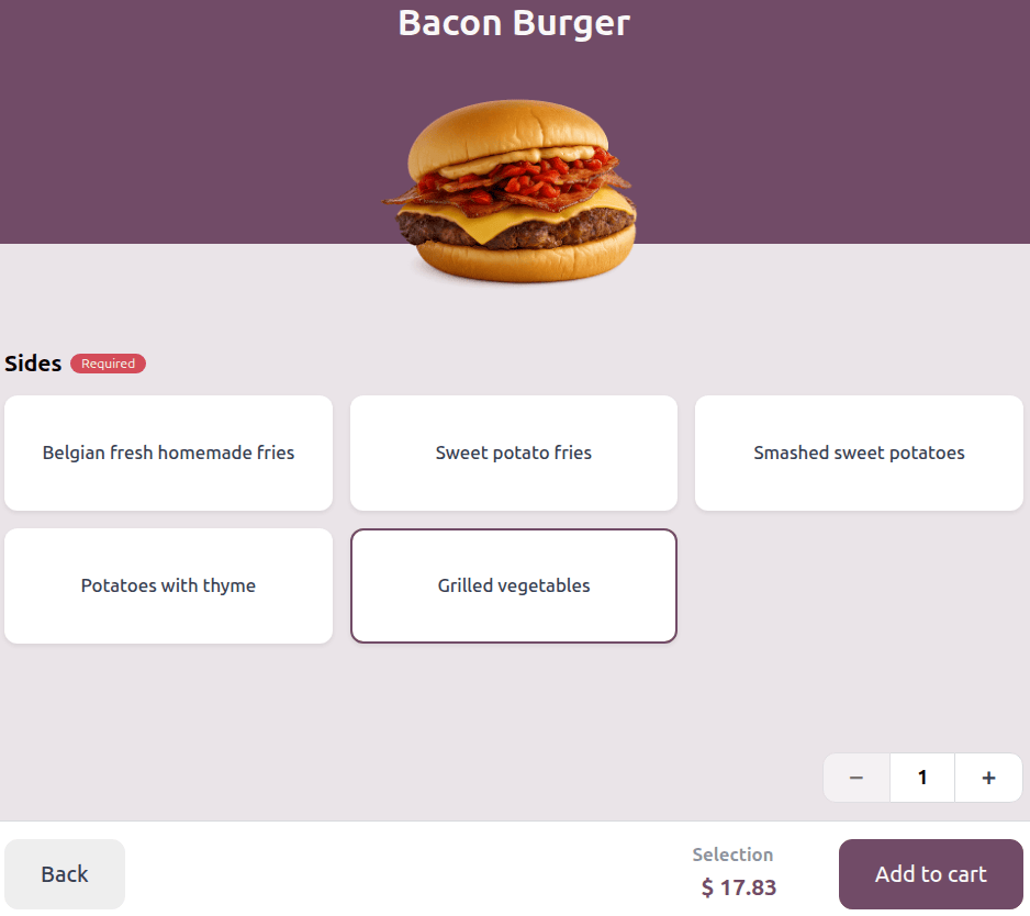 Example of product variants in self-ordering mode.