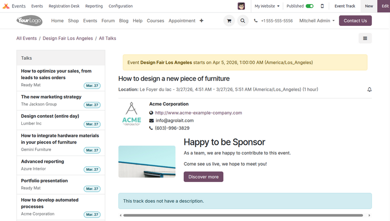 The track-related event submenu options on an event website built with NightPOS Events.