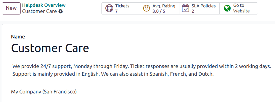 View of the settings page of a helpdesk team emphasizing the Go to Website button in NightPOS Helpdesk.