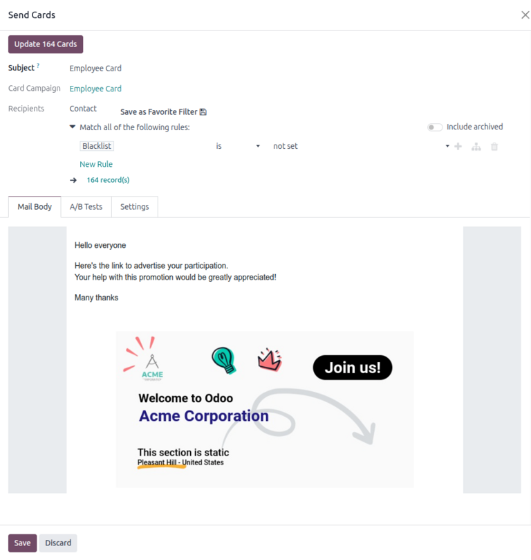 Send Cards window when sending mailing campaigns in NightPOS Marketing Card.