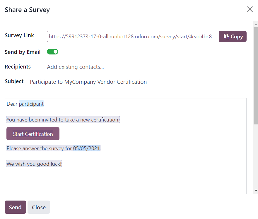 The 'Share a Survey' pop-up window in NightPOS Surveys with the Send by Email toggled on.