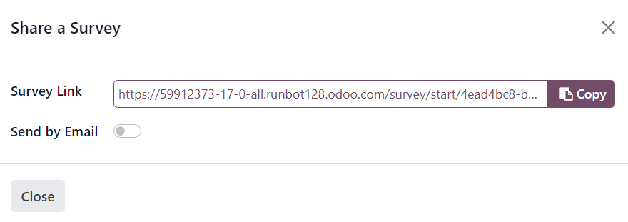 The 'Share a Survey' pop-up window that appears in the NightPOS Surveys application.