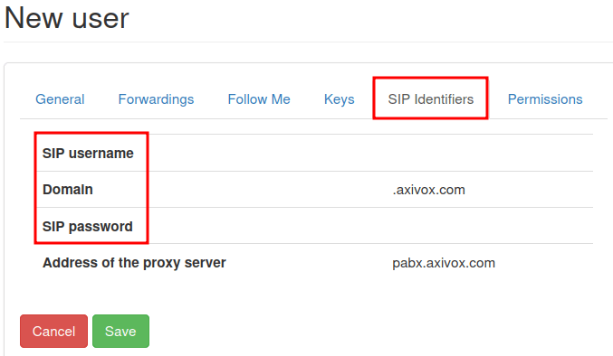 ข้อมูลประจำตัวสำคัญที่ใช้สำหรับการกำหนดค่าภายนอกของ Axivox VoIP