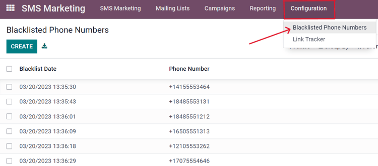 เมนูบัญชีดำ SMS ในแอปพลิเคชัน