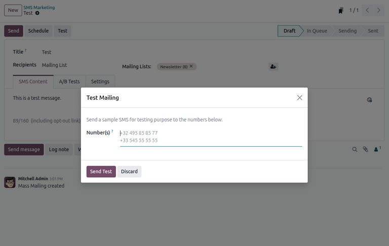 View of an SMS test in NightPOS SMS Marketing.