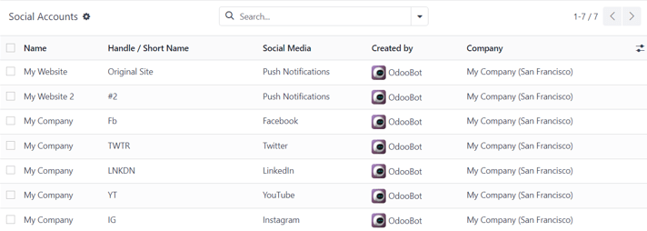 View of the social accounts page in the NightPOS Social Marketing application.