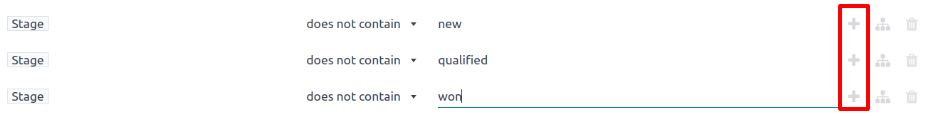 กฎการกรองสามข้อที่กำหนดให้ Stage ไม่มี New, Qualified หรือ Won