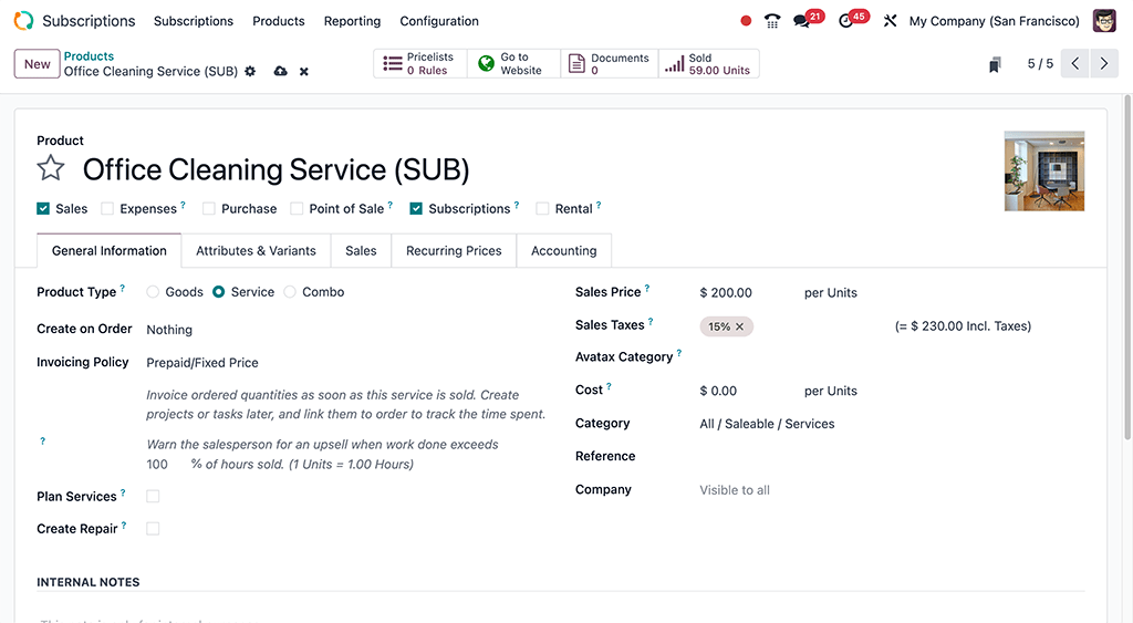 A basic subscription product form in NightPOS Subscriptions application.