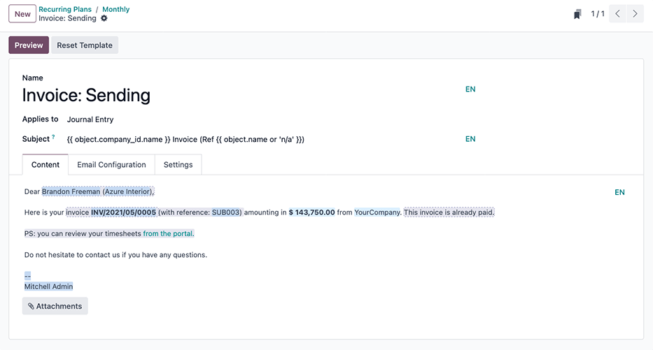 An email template in NightPOS used to send subscriptions invoicing messages to customers.
