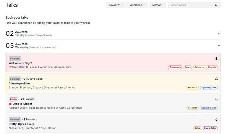 The Talks page on an event website built through the NightPOS Events application.