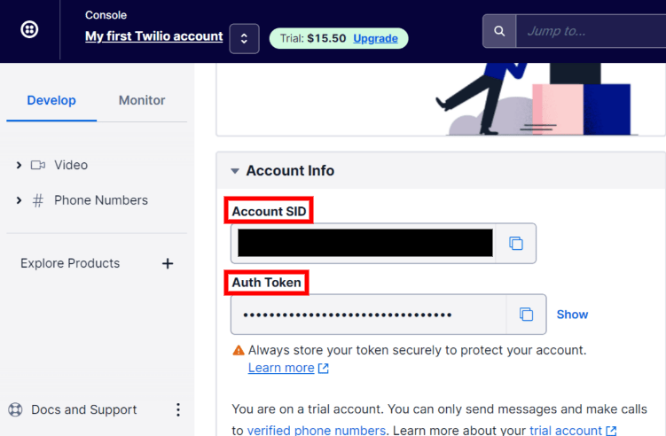 Twilio Account SID และ Auth Token สามารถพบได้ในส่วน Account Info