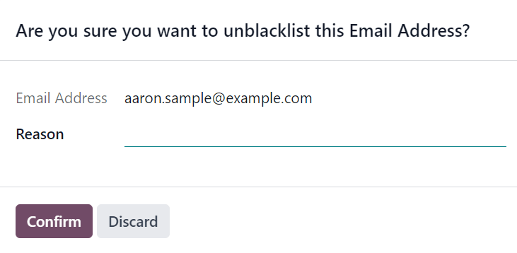 View of the unblacklist pop-up window in the NightPOS Email Marketing application.